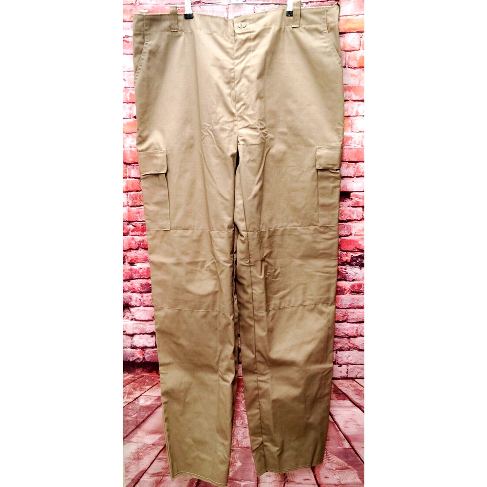 BDU Cargo Pants Men's XL Khaki Plain Ripstop Adjustable Waist Tabs Flat Front